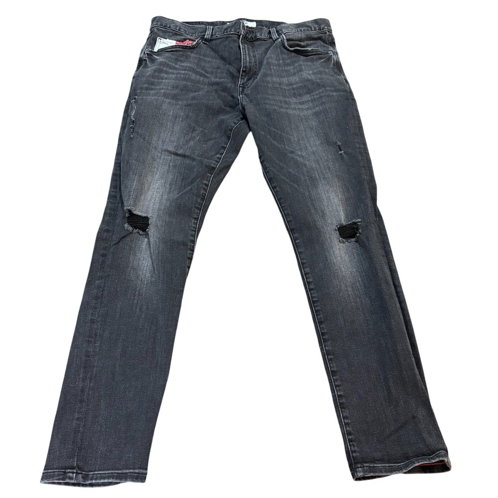 TOMMY JEANS Mens 36x32 Black Wash Distressed Ripped Knee Straight Denim Jeans
